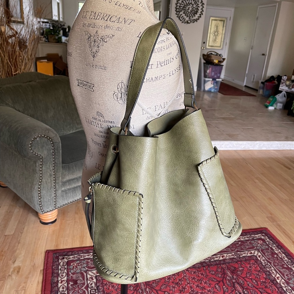 Olive Green Leather Bucket Bag w/ Stylish Zippered Pockets - Picture 7 of 12